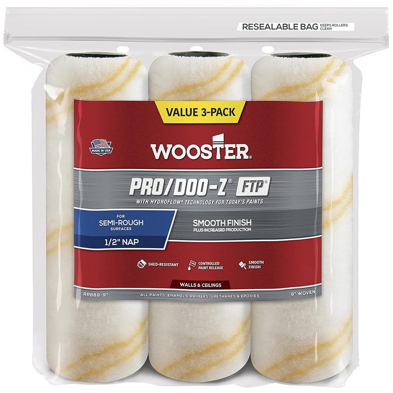 The Wooster Brush Company RR6699 Pro Doo Z FTP Roller Cover 12Inch Nap 3Pack