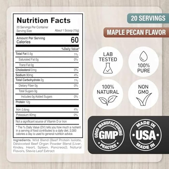 Wild Foods Wild Grass Fed Beef Protein Powder with Beef Organs Complex - Sugar Free Protein Shake - Low Carb & Calories - Keto/Paleo/Carnivore Friendly - Whey/Bloating/Lactose Free - Maple Pecan 10oz - Image 3