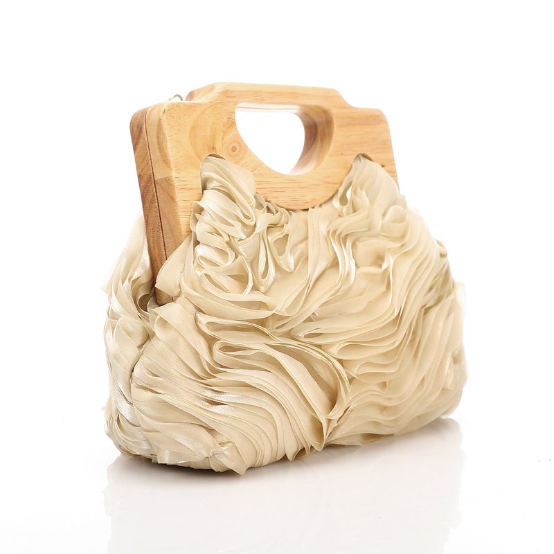 Mr.joe Chiffon Ruffled Evening Bag With Wooden Handle CafÃ - Image 2