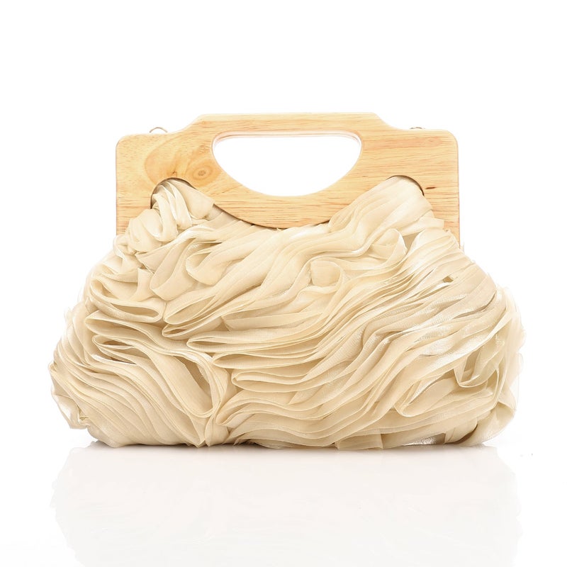 Mr.joe Chiffon Ruffled Evening Bag With Wooden Handle CafÃ - Image 3