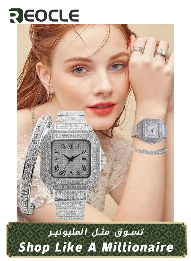 ريوكل طقم هدايا ساعات نسائية طقم ساعات نسائية بلاتينيوم ساعة يد نسائية أنيقة من الكوارتز والألماس للسيدات طقم ساعات أنثوي أنيق بسوار أنثوي 2 قطعة - Image 1