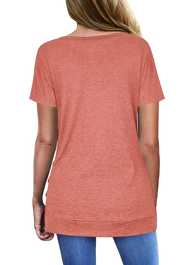 Jescakoo Womens Tops Summer Short Sleeve Casual V Neck Tshirs Soft Coral 2XL - Image 3