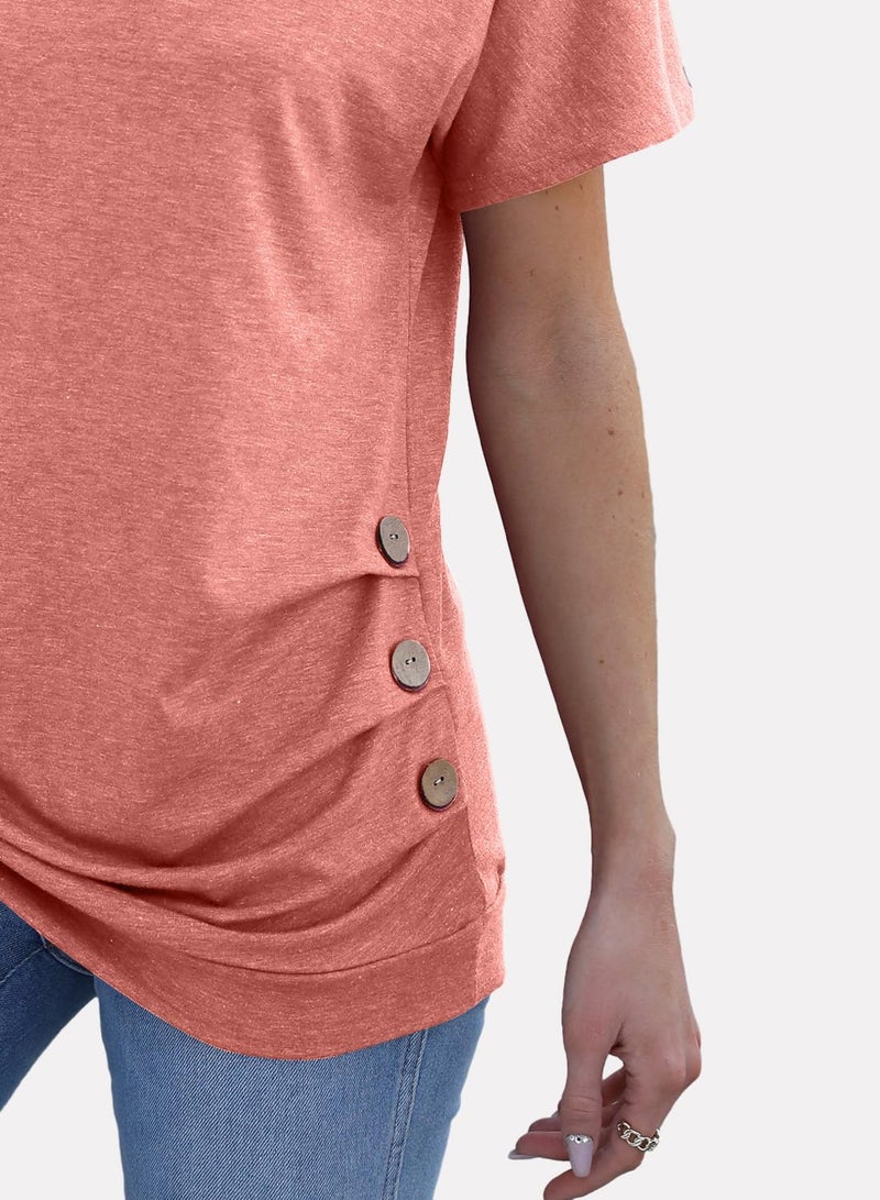 Jescakoo Womens Tops Summer Short Sleeve Casual V Neck Tshirs Soft Coral 2XL - Image 2