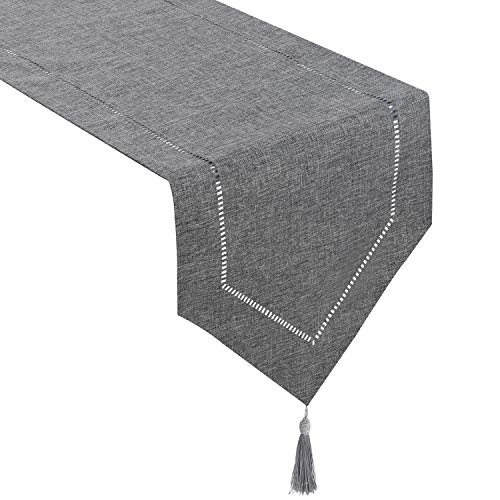 Tosewever Decorative Linen Table Runner with Tassels Tabletop Collection 14 x 72 Inches Table Runners for Everyday Dining Wedding Party Holiday Home Decor (14" x 72", Grey) - Image 1