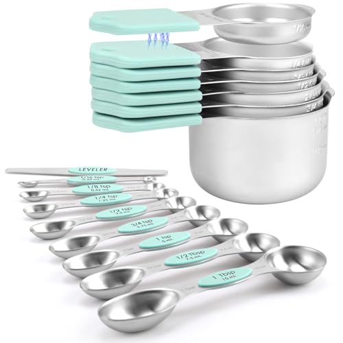 HOUJIP Magnetic Measuring Cups and Spoons SetHeavy Duty 304 Stainless SteelDouble Measurement MarkingsSet of 16 with Leveler for Measure Dry and Liquid Ingredients Mint - Image 1