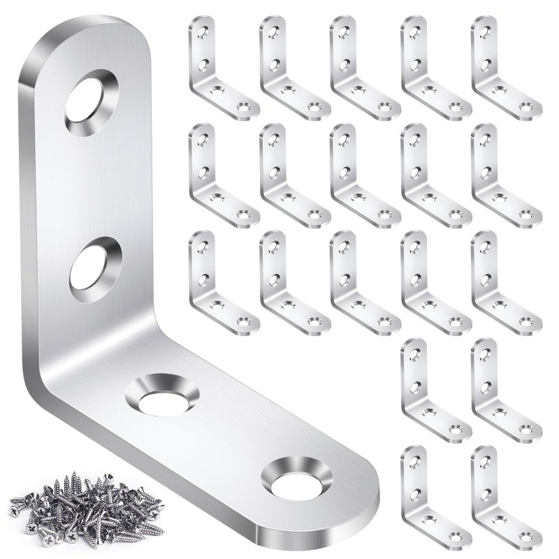 DOUDOULE 20Pcs L Bracket Corner Brace Sets  Stainless Steel L Brackets For Wood Shelves  90 Degree Right Angle Bracket With 80 Screws  Metal Corner Brackets For Furniture Cabinet Drawer Chair (1.57X1.57 In) - Image 1