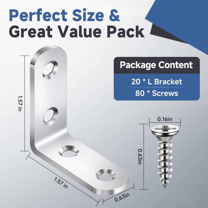 DOUDOULE 20Pcs L Bracket Corner Brace Sets  Stainless Steel L Brackets For Wood Shelves  90 Degree Right Angle Bracket With 80 Screws  Metal Corner Brackets For Furniture Cabinet Drawer Chair (1.57X1.57 In) - Image 2