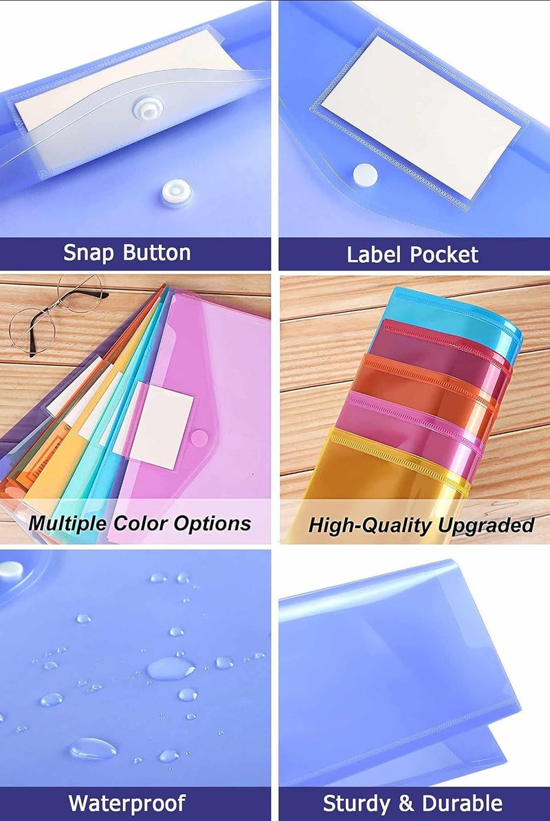 DAILYCHIC 12 Pack Plastic Envelopes,A4 Size File Folder with Button Snap Closure and Label, Clear Envelopes File Organizer for School Office Letter Size Poly Filling Envelopes 8 Assorted Colors - Image 3