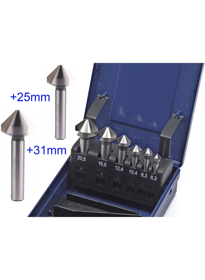 WSH-Tools.de Countersink Set 8 pieces HSS‑E Co5 90° U‑Flute uneven pitch (chatter‑free) uncoated - Image 1