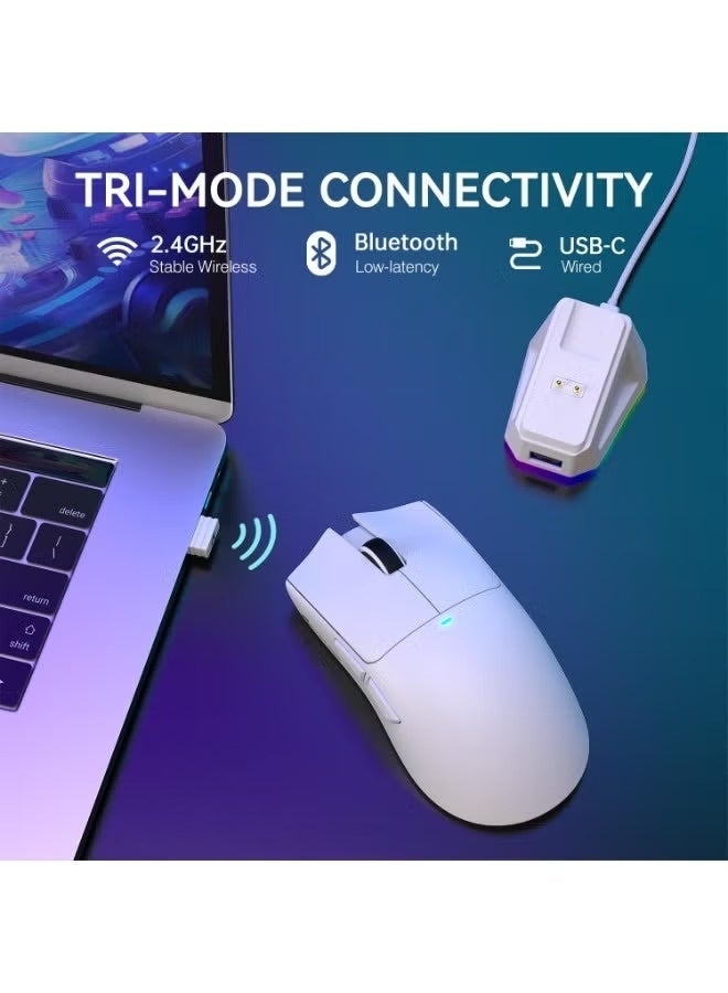 هجوم القرش ماوس الألعاب اللاسلكي الخفيف الوزن ATTACK SHARK X11 مع قاعدة شحن RGB، ثلاثي الأوضاع - 2.4 جيجا هرتز/سلكي USB-C/بلوتوث، 22 ألف نقطة في البوصة، مستشعر بصري PAW3311، مفتاح HUYU، 5 أزرار قابلة للبرمجة لأجهزة الكمبيوتر الشخصية/ماك (أبيض) - Image 3