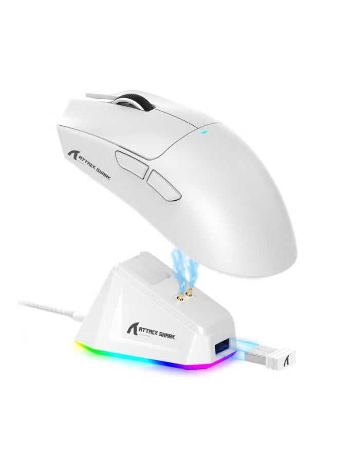 هجوم القرش ماوس الألعاب اللاسلكي الخفيف الوزن ATTACK SHARK X11 مع قاعدة شحن RGB، ثلاثي الأوضاع - 2.4 جيجا هرتز/سلكي USB-C/بلوتوث، 22 ألف نقطة في البوصة، مستشعر بصري PAW3311، مفتاح HUYU، 5 أزرار قابلة للبرمجة لأجهزة الكمبيوتر الشخصية/ماك (أبيض) - Image 1