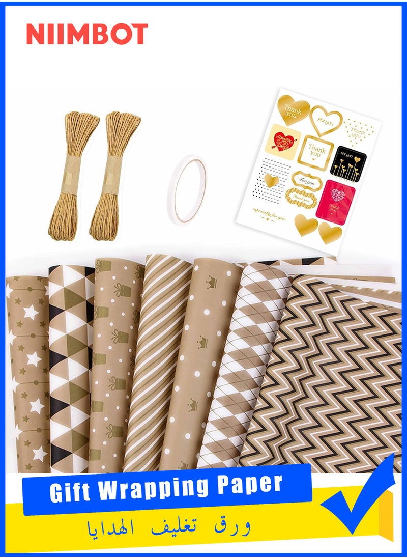 NIIMBOT 7 Sheets Gift Wrapping Paper with Ribbon Sticker Tape Set, Durable Gift Wrap Set for Birthday Party, Valentines Day, Wedding, Baby Shower, Bridal Shower,  Graduation  - Image 1