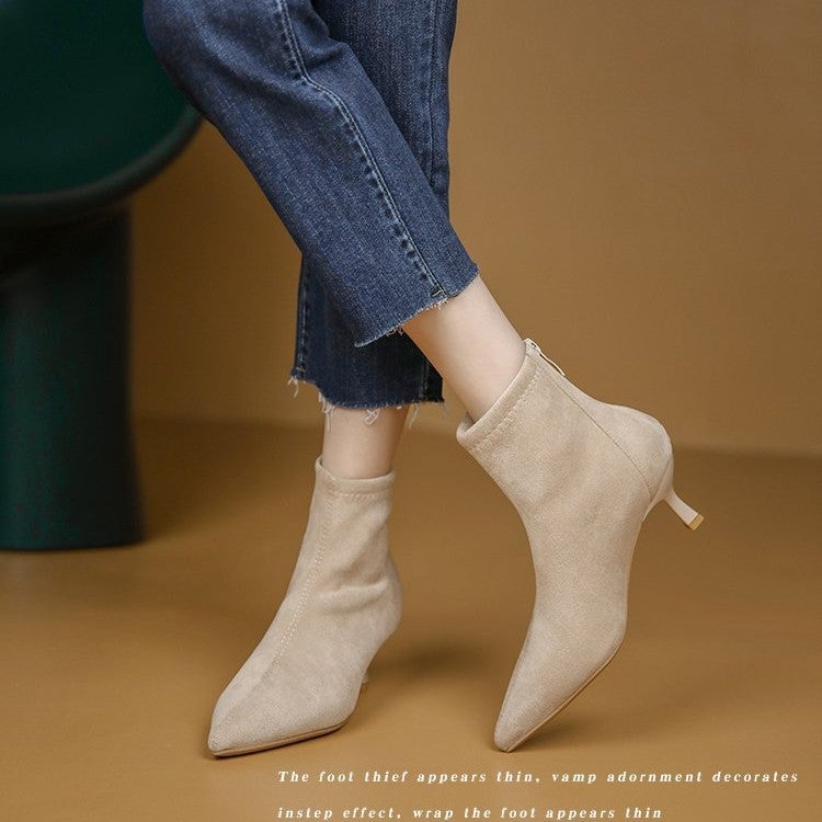 Nude Color Boots Women'S Stretch Boots For French Style Small Heel Women'S Shoes Pointed High Heel Short Boots Women'S Boots - Image 2