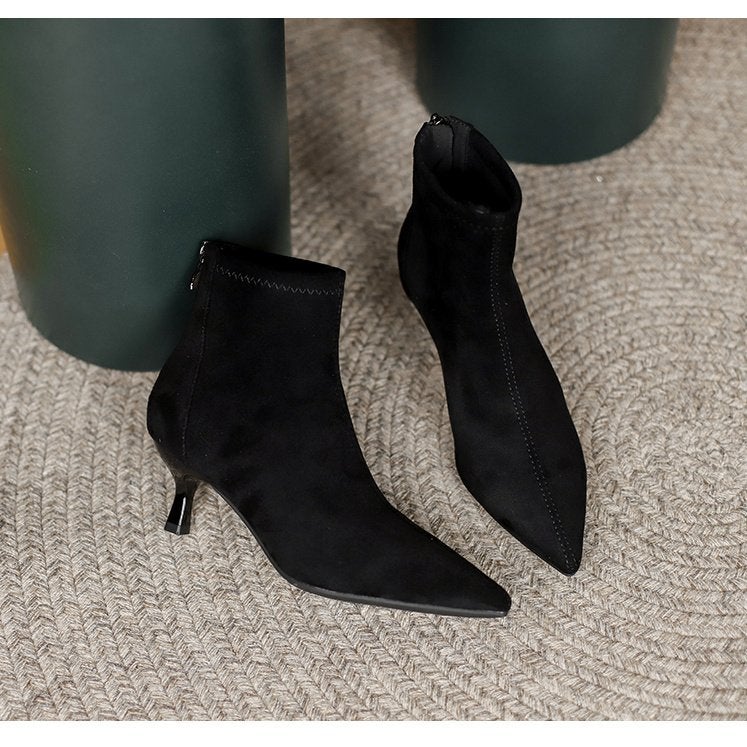 Nude Color Boots Women'S Stretch Boots For French Style Small Heel Women'S Shoes Pointed High Heel Short Boots Women'S Boots - Image 1