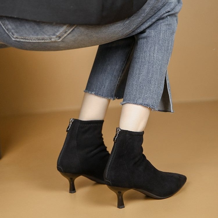 Nude Color Boots Women'S Stretch Boots For French Style Small Heel Women'S Shoes Pointed High Heel Short Boots Women'S Boots - Image 4