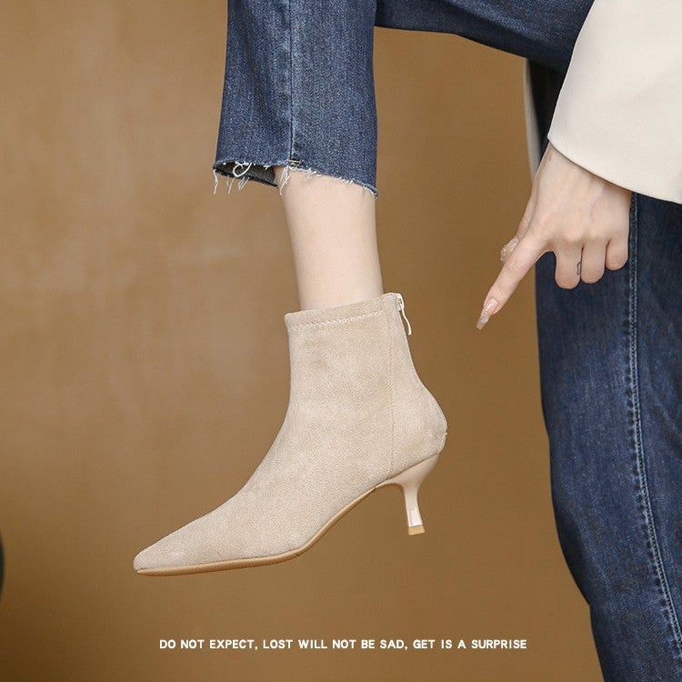 Nude Color Boots Women'S Stretch Boots For French Style Small Heel Women'S Shoes Pointed High Heel Short Boots Women'S Boots - Image 3