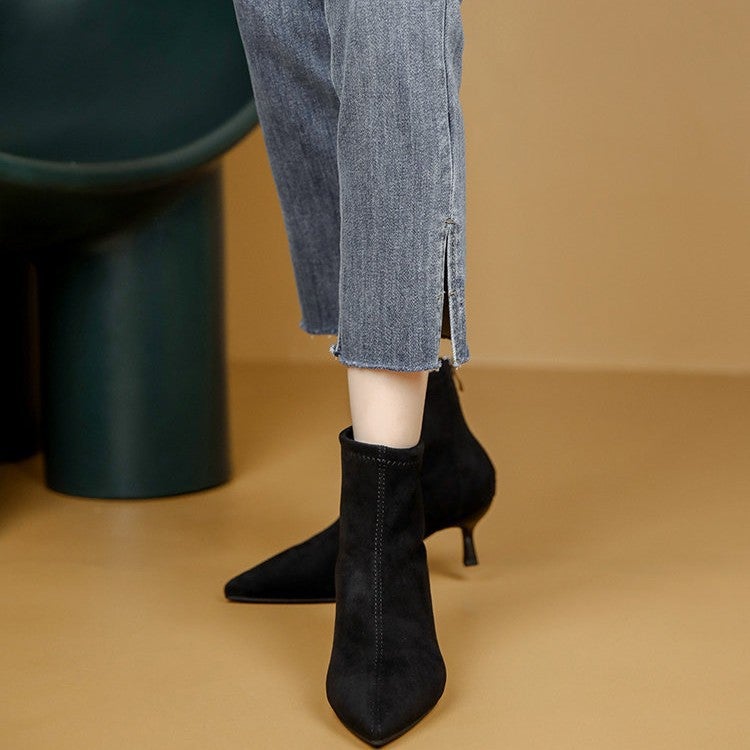 Nude Color Boots Women'S Stretch Boots For French Style Small Heel Women'S Shoes Pointed High Heel Short Boots Women'S Boots - Image 5
