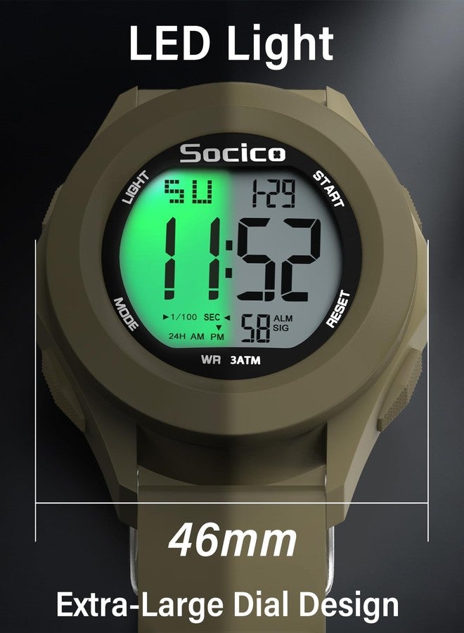 SOCICO Mens Digital Watch Sports Waterproof Outdoor Large Face Military Watches with Stopwatch Back Light Alarm Date Display, khaki, Sport - Image 4