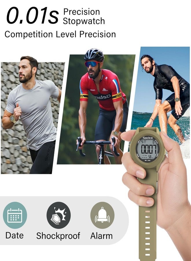 SOCICO Mens Digital Watch Sports Waterproof Outdoor Large Face Military Watches with Stopwatch Back Light Alarm Date Display, khaki, Sport - Image 5