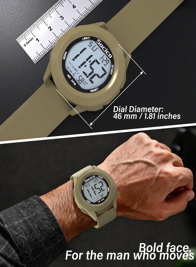 SOCICO Mens Digital Watch Sports Waterproof Outdoor Large Face Military Watches with Stopwatch Back Light Alarm Date Display, khaki, Sport - Image 2