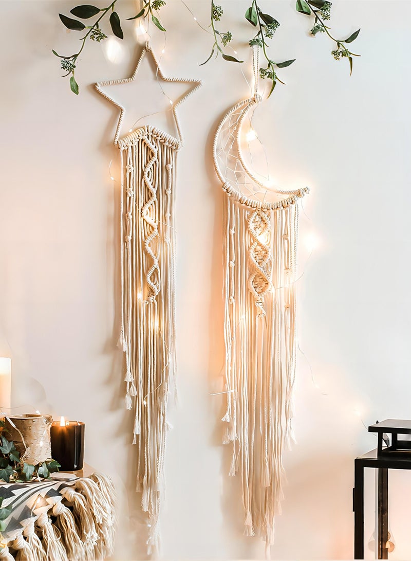2-Piece Moon Star Woven Wall Hanging, Boho Polyester Macrame Handmade Decoration, Home Craft Gift - Image 1