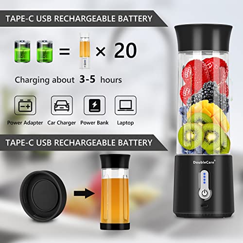 DoubleCare Portable Blender for Shakes and Smoothies,500ml Electric Juicer, 4000mAh Smoothie Blender with BPA-Free Material, USB Rechargeable Fresh Juice Blender for Travel, Gym, Outdoors, and Home, Black - Image 5
