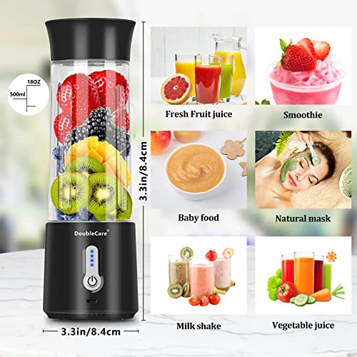 DoubleCare Portable Blender for Shakes and Smoothies,500ml Electric Juicer, 4000mAh Smoothie Blender with BPA-Free Material, USB Rechargeable Fresh Juice Blender for Travel, Gym, Outdoors, and Home, Black - Image 3