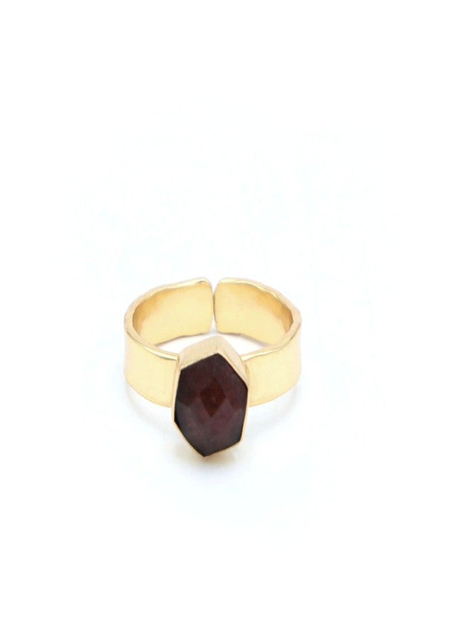 Dua Handmade Strawberry Quartz Hexagon Ring 7mm – Brown Adjustable Gold-Plated Modern Gemstone Jewelry - Image 1