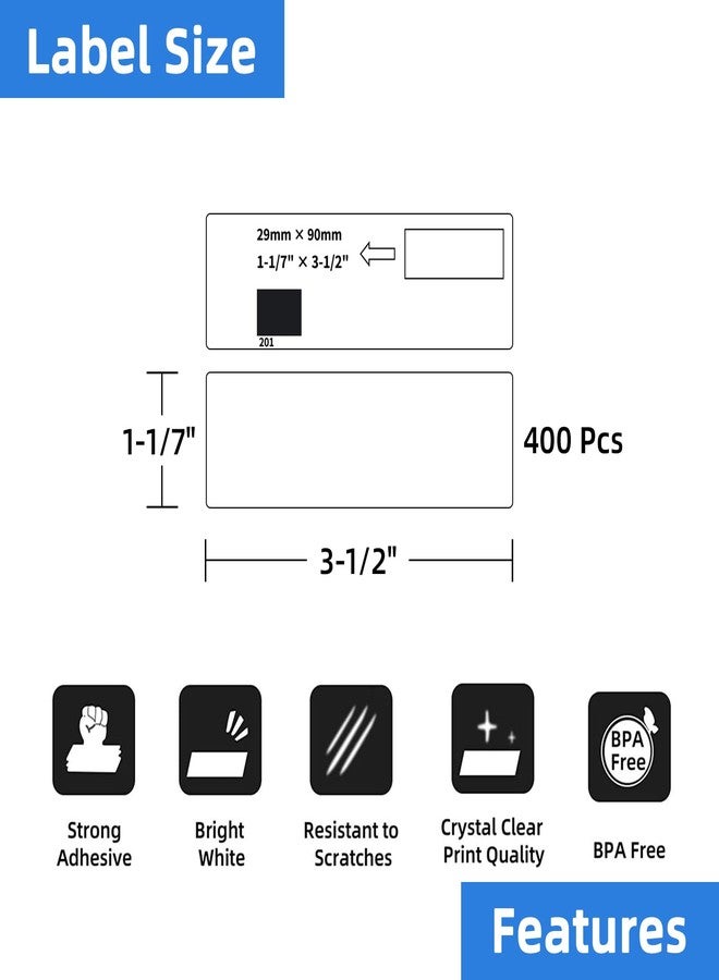 Printholic 12 Rolls Standard Address Labels Replacement Compatible for Brother DK-1201 (1.1" X 3.5”), Compatible with Brother QL Label Printers (400 Labels/Roll & 1 Refillable Cartridge Frame) - Image 2