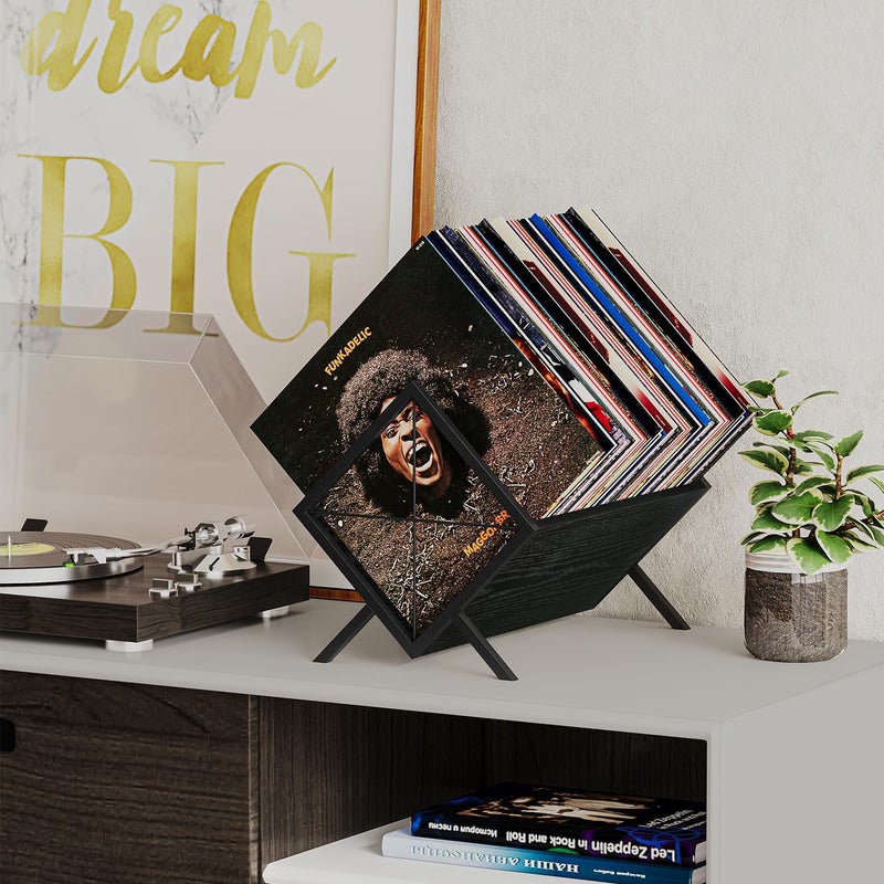YINMIT Vinyl Record Holder - 80-100 LP Vinyl Record Storage Rack, Quick Assembly Display, Retro Style Organizer for Magazine, Book, Files, Albums (Black, 1 Tier) - Image 2