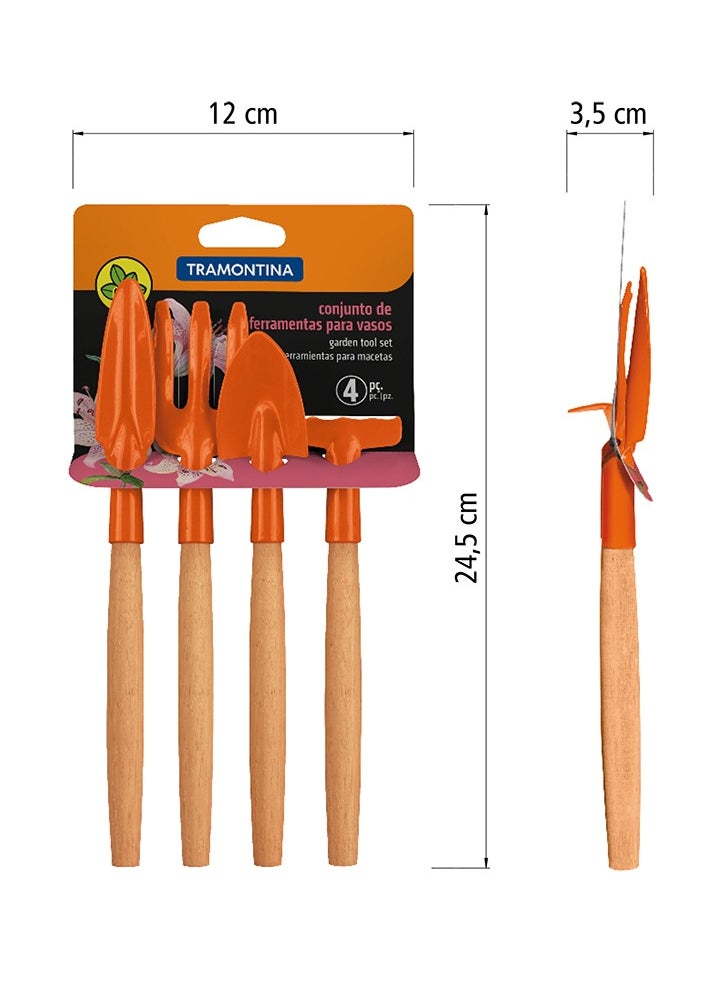 TRAMONTINA Since 1911,Made in Brazil- 4 Pieces Garden Tool Set with Special Carbon Steel and Wood Handle includes Garden Trowel + Transplanting Trowel + 3 Teeth Garden Fork + 4 Teeth Cultivator  - Image 2