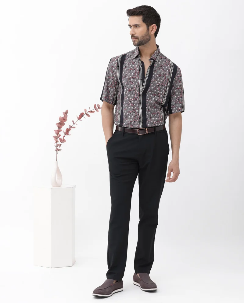 Rare Rabbit Rare Rabbit Mens Vestor Black Viscose Fabric Short Sleeve Boxy Fit Abstract Floral Print Shirt