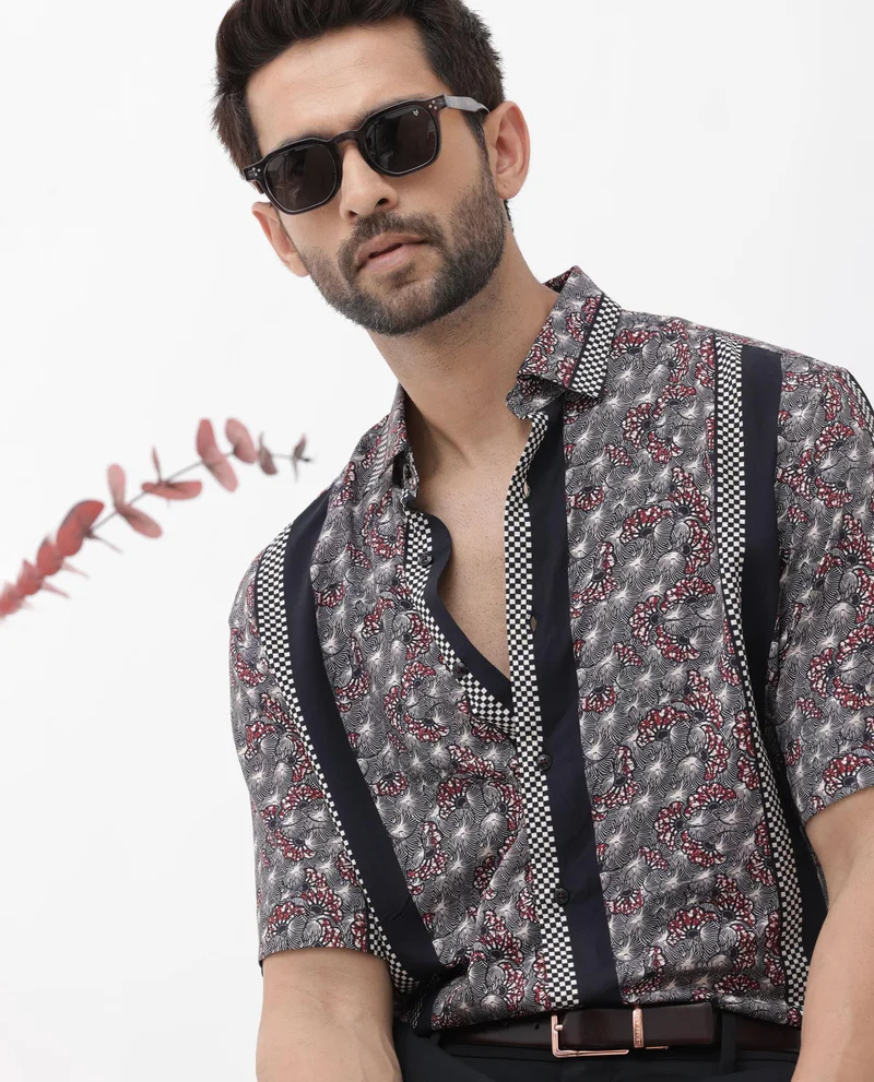 Rare Rabbit Rare Rabbit Mens Vestor Black Viscose Fabric Short Sleeve Boxy Fit Abstract Floral Print Shirt