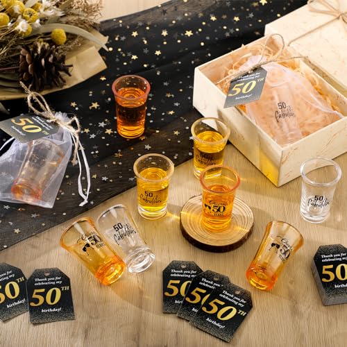 Skybooly 50 Sets 50th Birthday Party Favors for Guests Souvenir Short Glasses Acrylic Clear Shot Glasses Thank You Tags with Organza Bags Twine for Anniversary Wedding Shower - Image 5