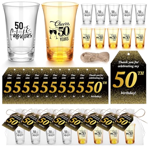 Skybooly 50 Sets 50th Birthday Party Favors for Guests Souvenir Short Glasses Acrylic Clear Shot Glasses Thank You Tags with Organza Bags Twine for Anniversary Wedding Shower - Image 1