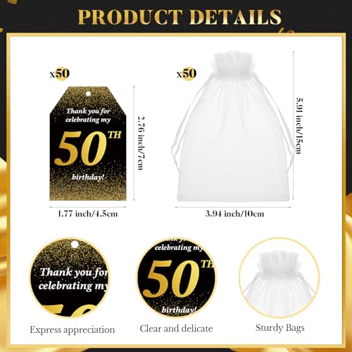 Skybooly 50 Sets 50th Birthday Party Favors for Guests Souvenir Short Glasses Acrylic Clear Shot Glasses Thank You Tags with Organza Bags Twine for Anniversary Wedding Shower - Image 3