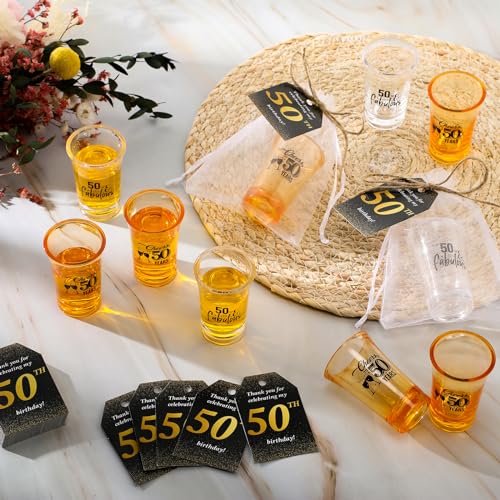 Skybooly 50 Sets 50th Birthday Party Favors for Guests Souvenir Short Glasses Acrylic Clear Shot Glasses Thank You Tags with Organza Bags Twine for Anniversary Wedding Shower - Image 4