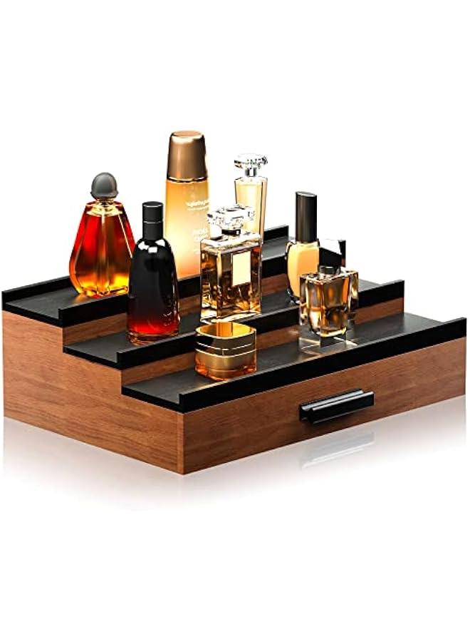 عربست منظم عطر للرجال بثلاث طبقات من رف عرض العطور المرتفع مع تخزين الدرج تنظيم العطور وتخزين عرض ريزرز، هدية رائعة للرجل (الجوز الأسود)  - Image 1