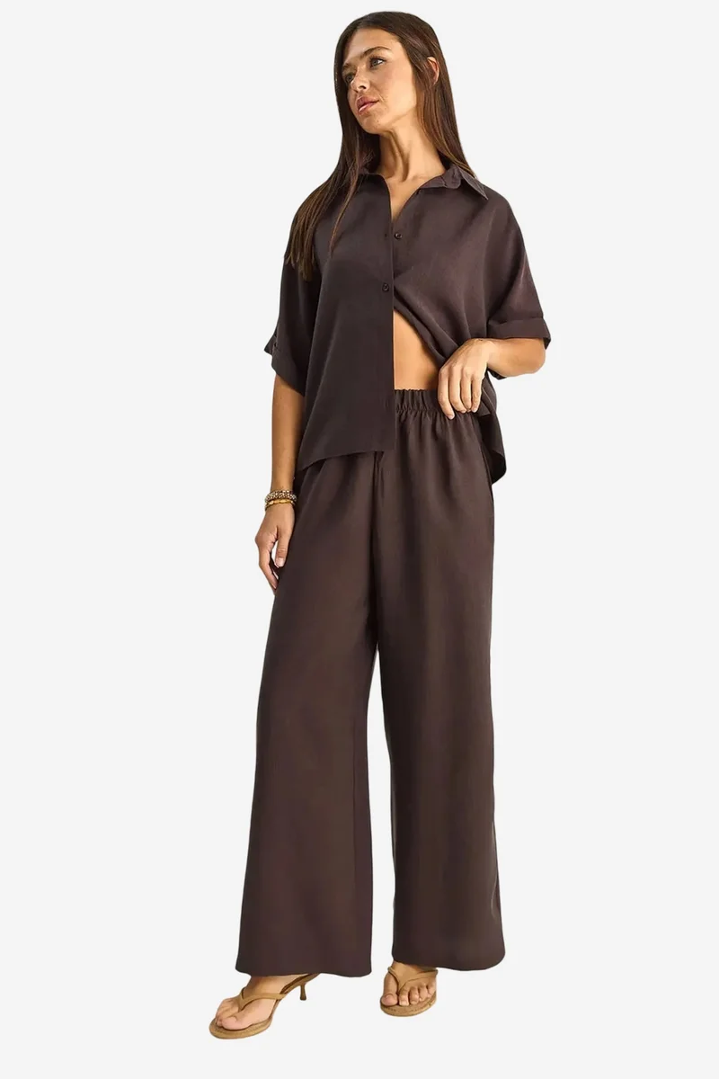 Bianco Lucci LUCCI High Waist Wide Leg Two-Piece Co-ord Set with Shirt Collar