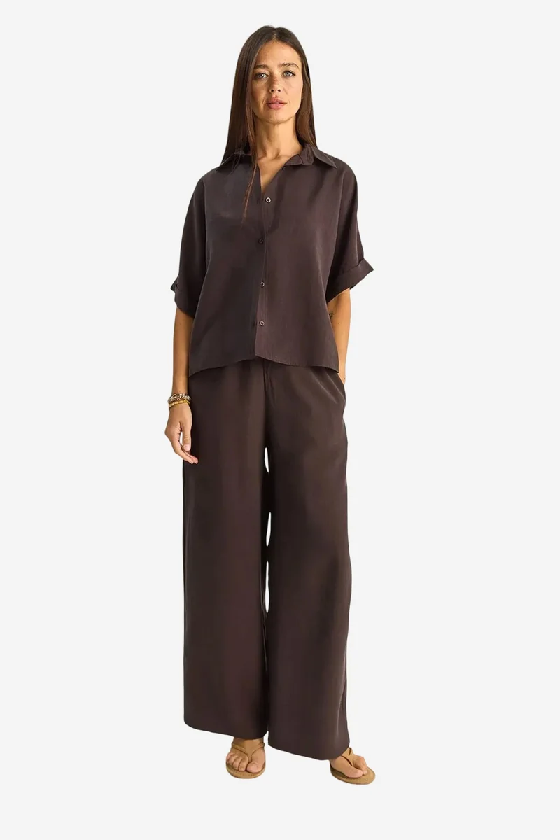 Bianco Lucci LUCCI High Waist Wide Leg Two-Piece Co-ord Set with Shirt Collar