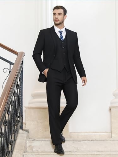 Cooper & Nelson 3 Piece Mens Suit Set, 2 Button Slim Fit Suit for Men, Solid Jacket, Vest, Pants and Tie Black 3XL - Image 4