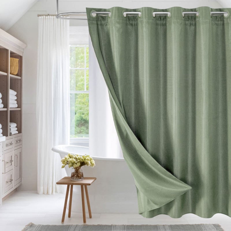 MitoVilla No Hooks Required Sage Green Waffle Shower Curtain Liner Set, Modern Heavyweight Fabric Shower Curtain Set with Snap-in Liner for Hotel Grade Spa-Like Bathroom Decor, 72 x 74 - Image 1