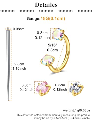 QWALIT Gold 18g Horseshoe Nose Ring Double Stud Gem Horse Shoe Nose Ring Hoop for Women Surgical Steel Half Tragus Earring Lip Helix Piercing Jewelry Septum Rings 8mm Septum Ball Screw Tool Threader - Image 2