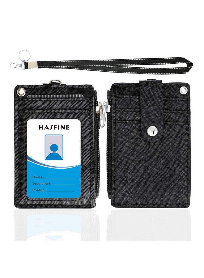 HASFINE Id Badge Holder With Pu Leather Zipper Pocket & Lanyard 2 Sided 5 Card Slots Id Card Holder Walletdetachable Keychain Lanyard For Teens Men Women(Black) - Image 1