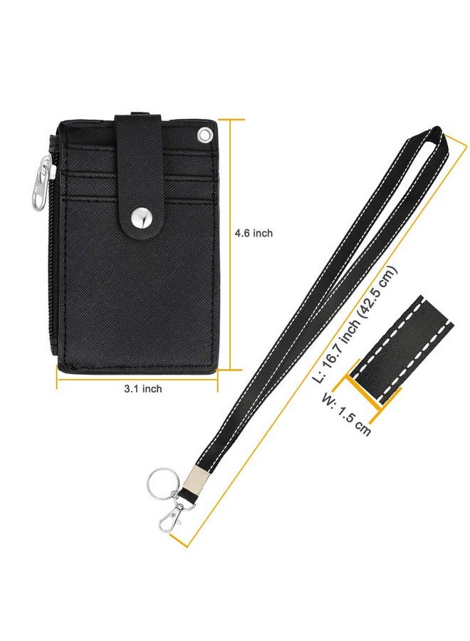 HASFINE Id Badge Holder With Pu Leather Zipper Pocket & Lanyard 2 Sided 5 Card Slots Id Card Holder Walletdetachable Keychain Lanyard For Teens Men Women(Black) - Image 4
