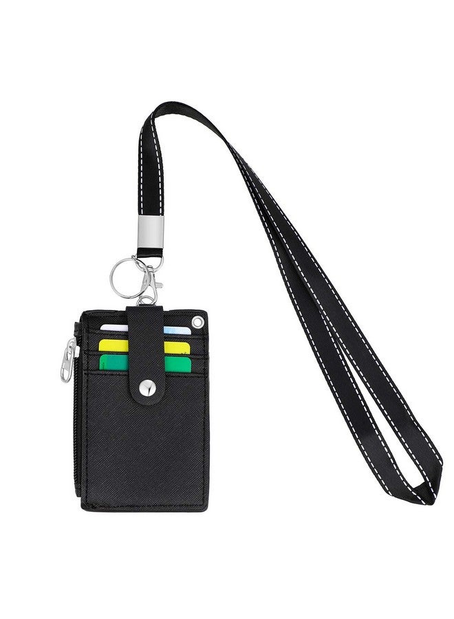 HASFINE Id Badge Holder With Pu Leather Zipper Pocket & Lanyard 2 Sided 5 Card Slots Id Card Holder Walletdetachable Keychain Lanyard For Teens Men Women(Black) - Image 3