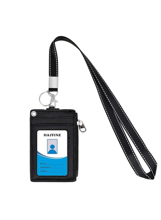 HASFINE Id Badge Holder With Pu Leather Zipper Pocket & Lanyard 2 Sided 5 Card Slots Id Card Holder Walletdetachable Keychain Lanyard For Teens Men Women(Black) - Image 2