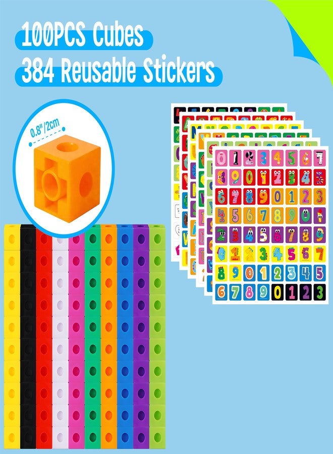 SpriteGru 100 Math Linking Cubes, Math Cubes with 384 Reusable Stickers-Letters, Numbers, Shapes, Manipulative Geometric Connecting and Counting Blocks, Educational Toy for Kids Math Learning and Fun Activities - Image 2
