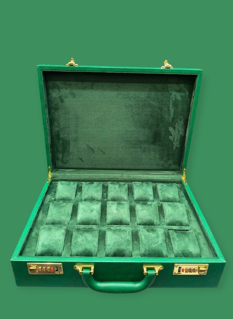 AL SERAJ Watch Storage Briefcase | Premium 15-Slot Luxury Watch Organizer & Collector Case with Dual Lock | Green Rexine Outer & Suede Interior | Elegant Portable Men’s Watch Storage & Display Box | Gift-Ready Jewelry Box - Image 1