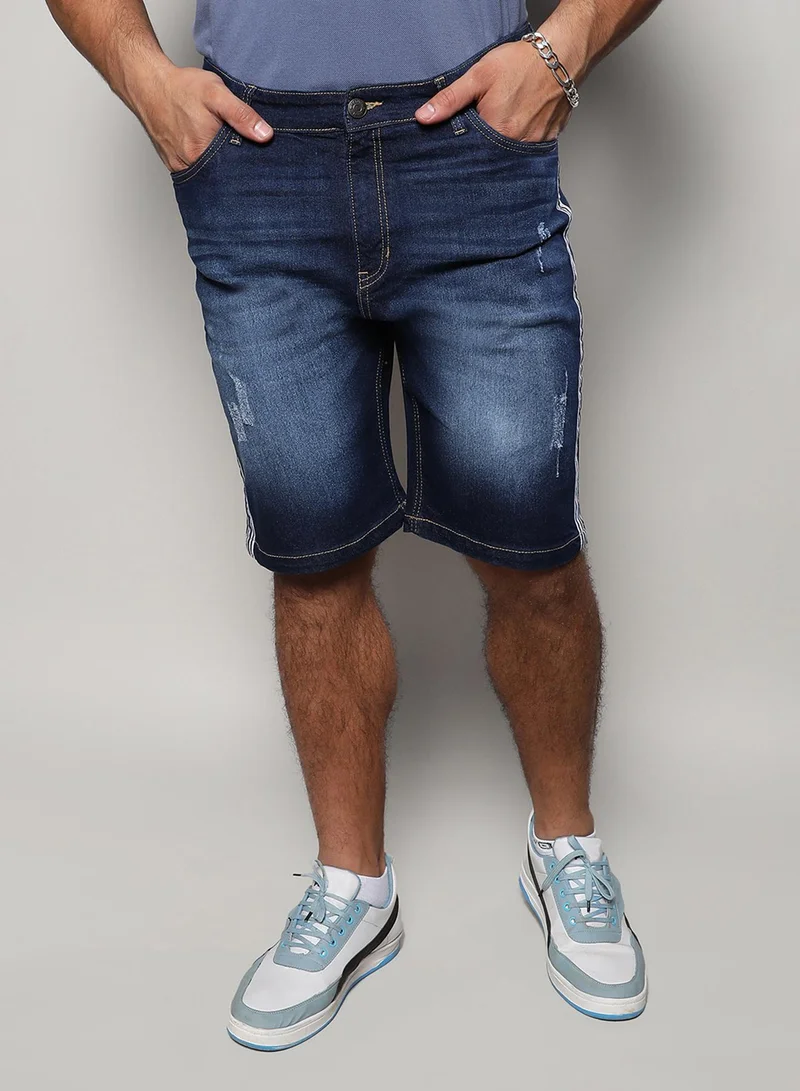 Instafab Plus Instafab Plus Men's Dark Blue Side-Striped Denim Shorts For Casual Wear | Dark-Wash | Plus-Size Fit | Button Closure | Denim Shorts Crafted With Comfort Fit For Everyday Wear